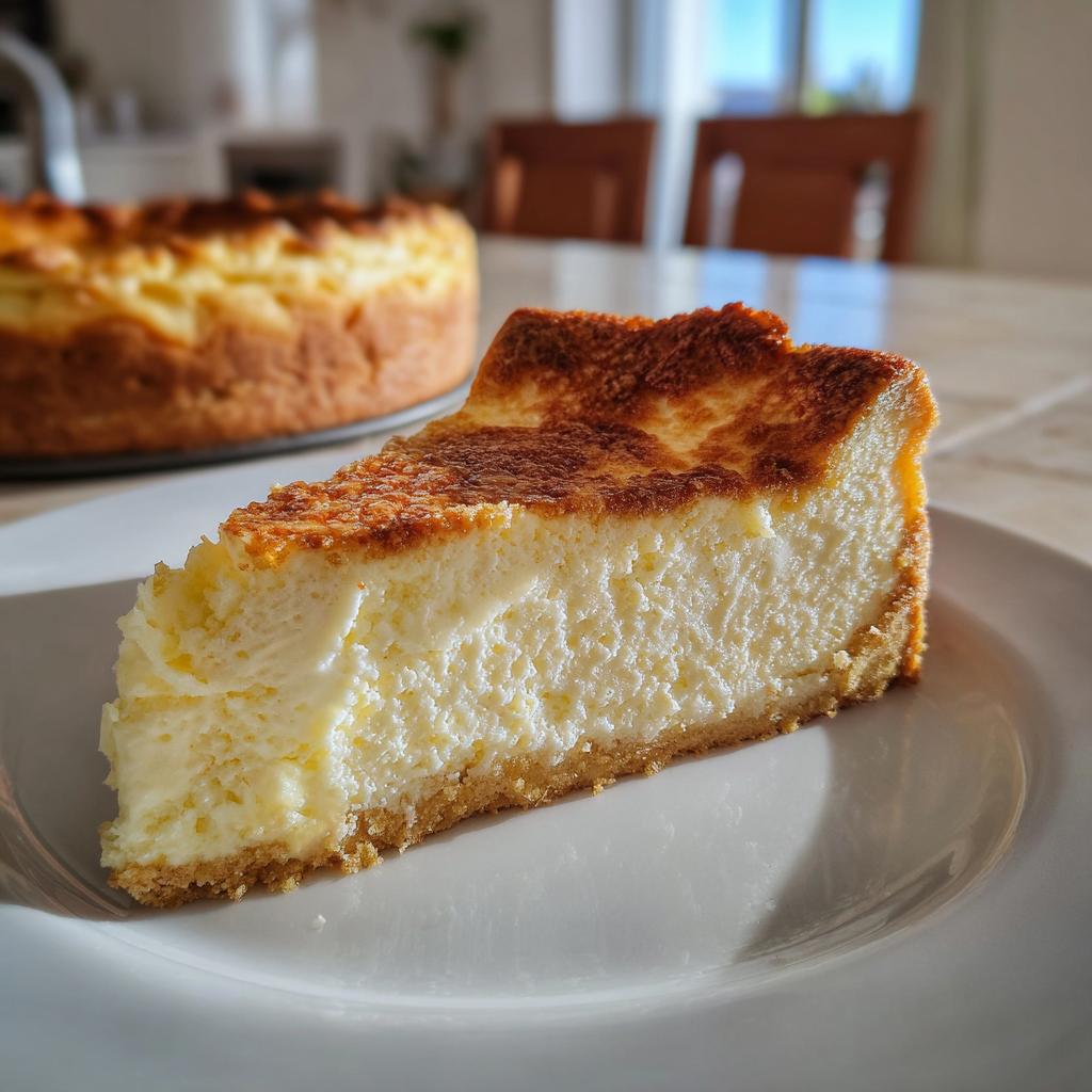 Porción de tarta de queso al horno viral con base de galleta y textura cremosa