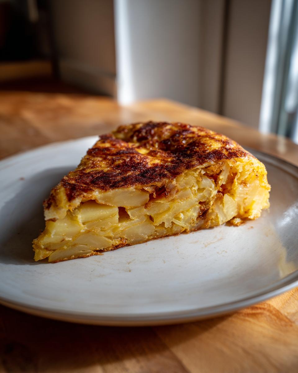Porción de tortilla de patatas receta tradicional en un plato blanco sobre mesa de madera