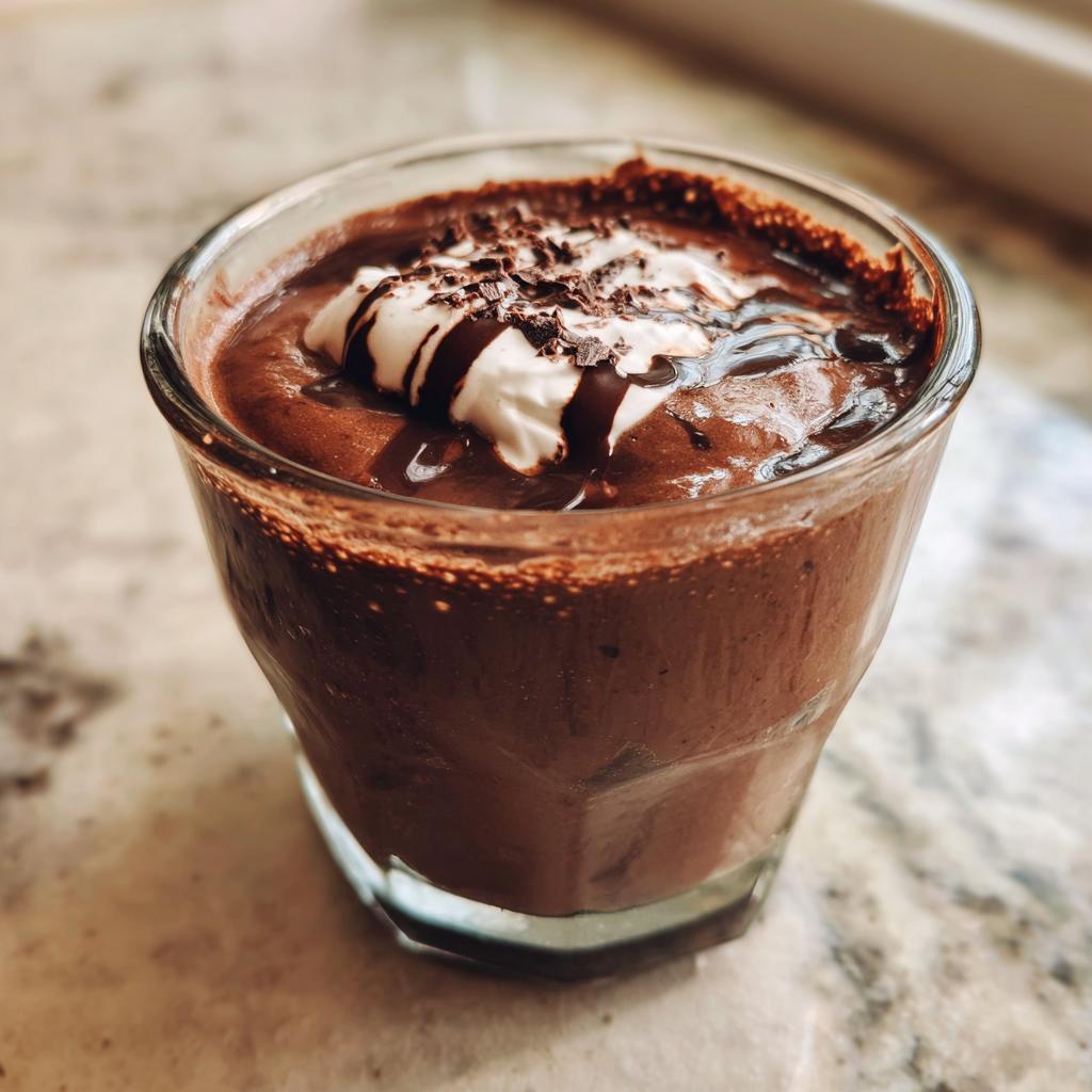 Vaso con postre de chocolate cremoso con crema y salsa de chocolate encima