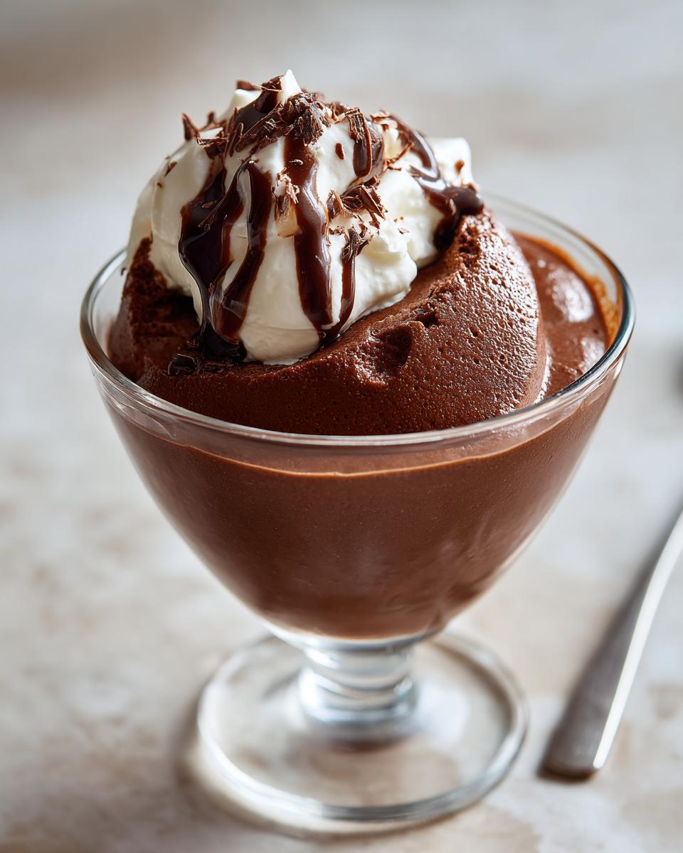 Postre de chocolate en copa con crema batida y salsa de chocolate encima