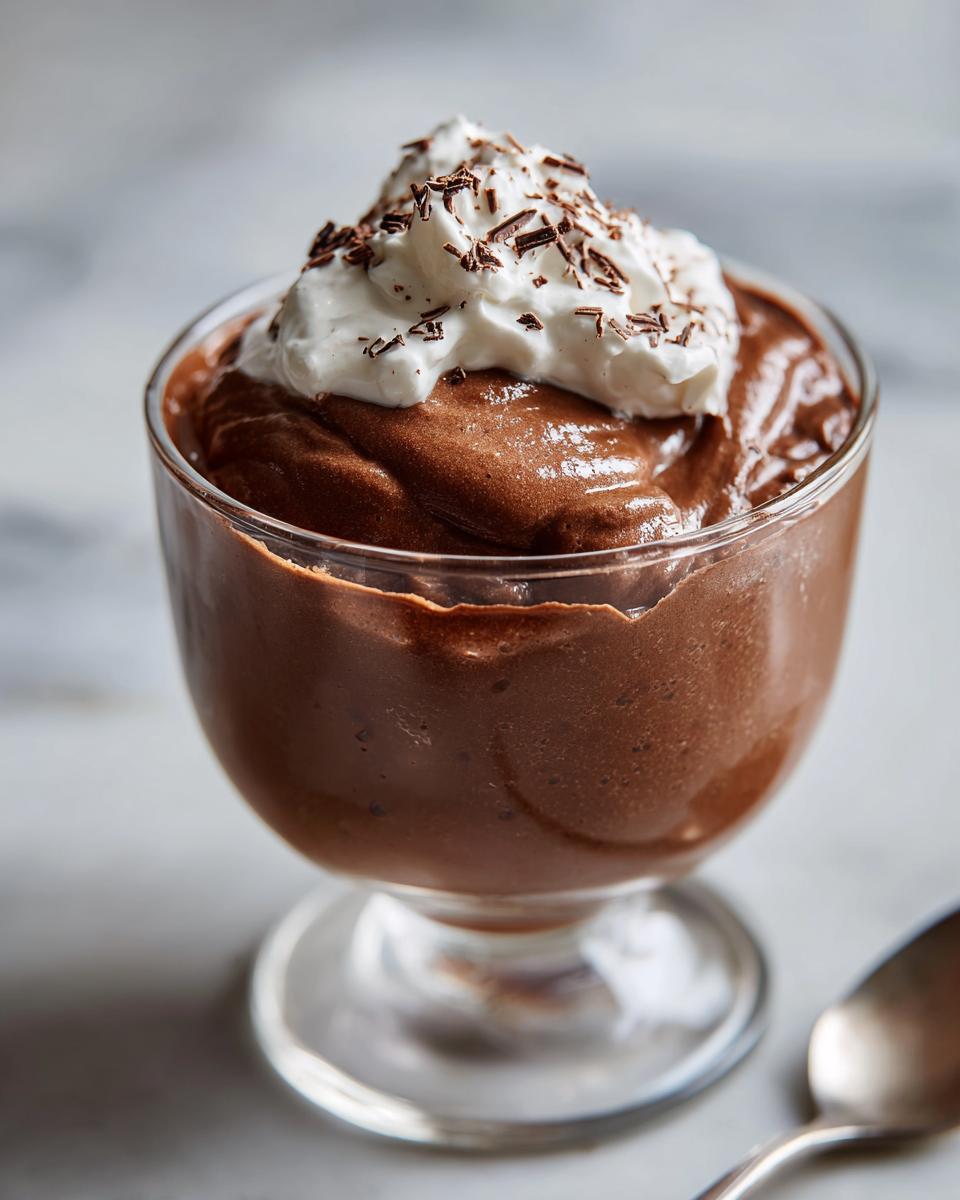 Vaso con postre de chocolate cremoso y rápido, cubierto con crema batida y virutas de chocolate.