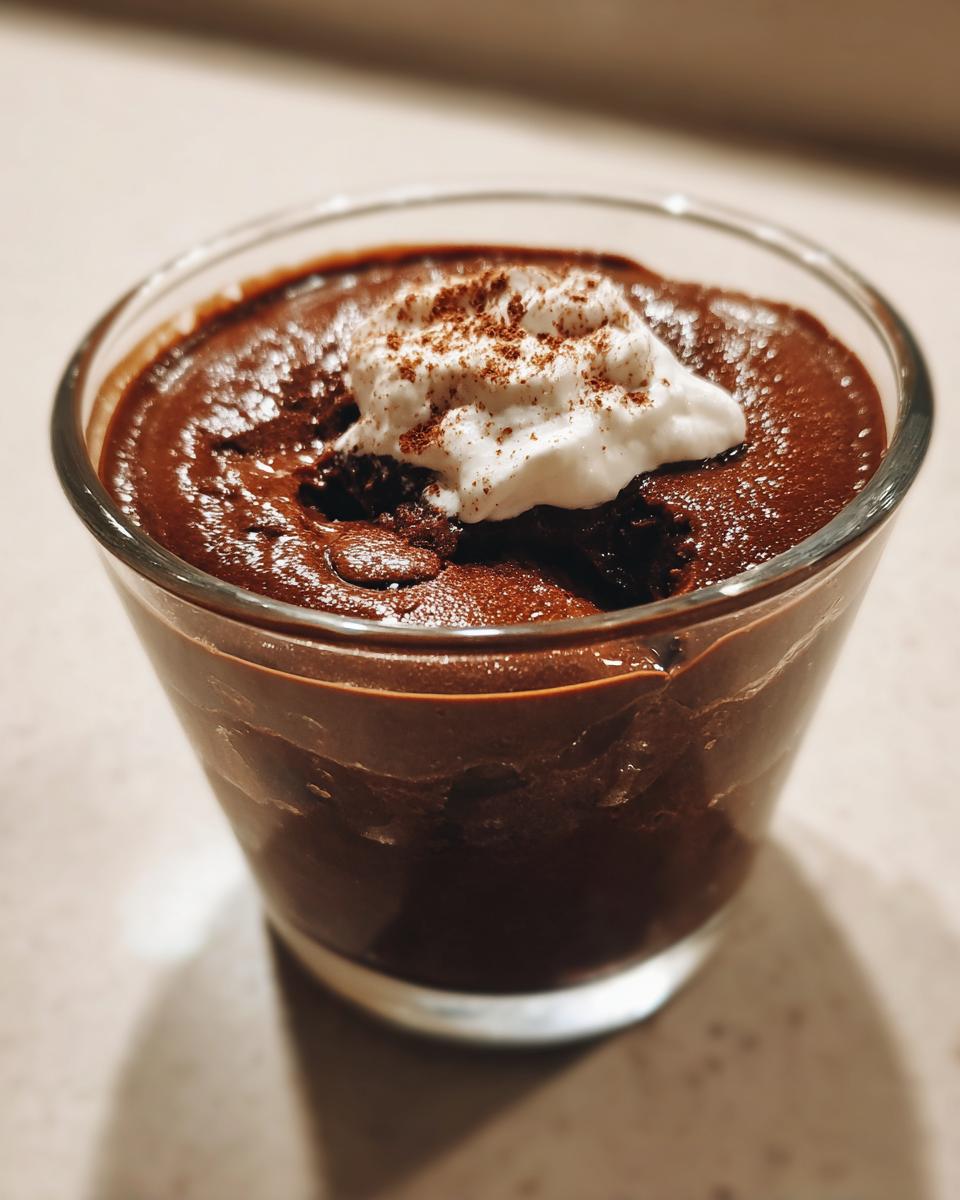 Vaso con postre de chocolate cremoso y crema batida encima