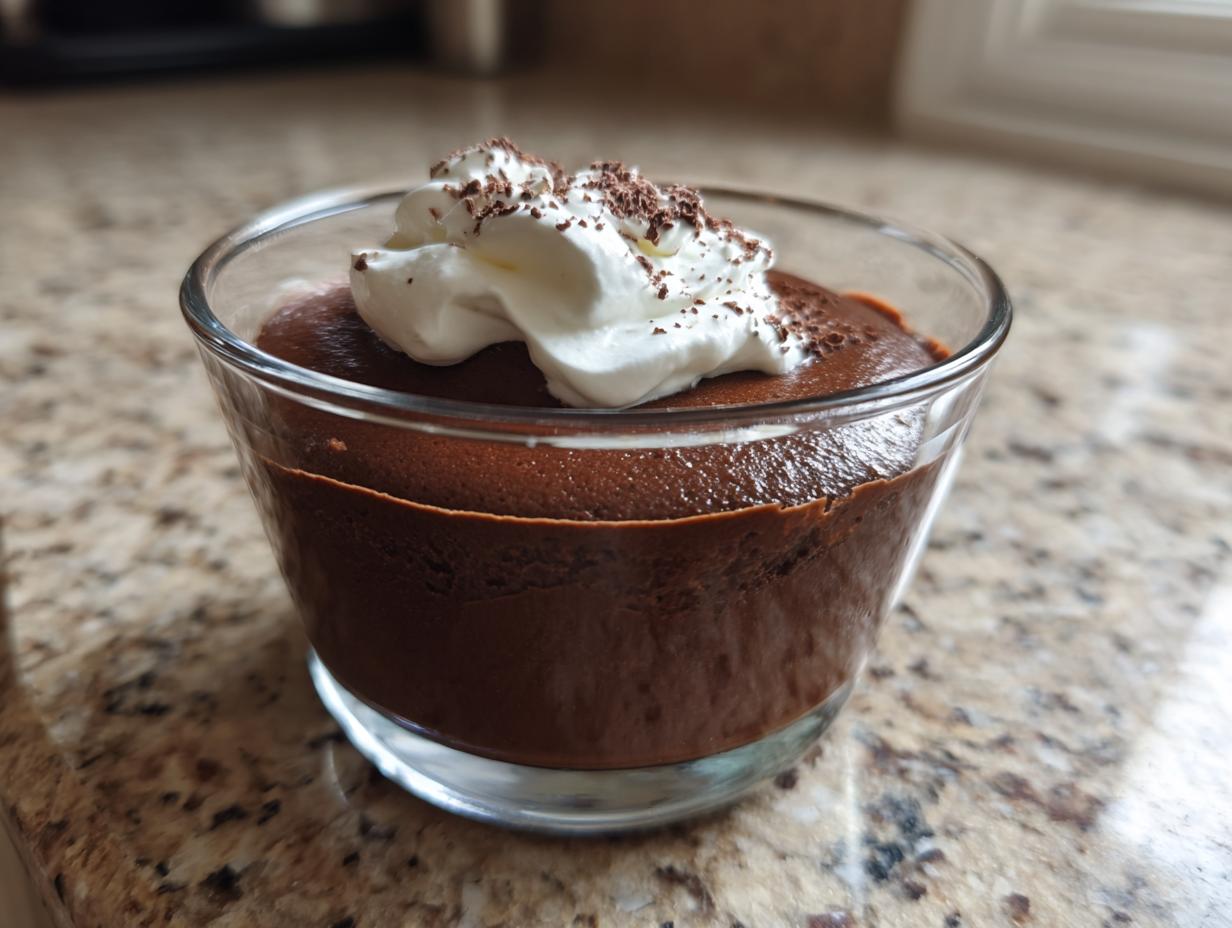 Vaso con postre de chocolate decorado con crema batida y virutas de chocolate