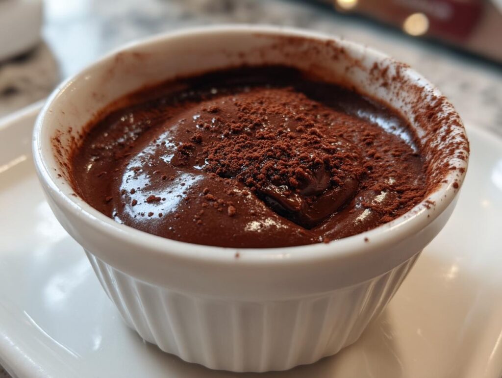 Postre con chocolate rápidos servido en un ramekin blanco con cacao espolvoreado encima.