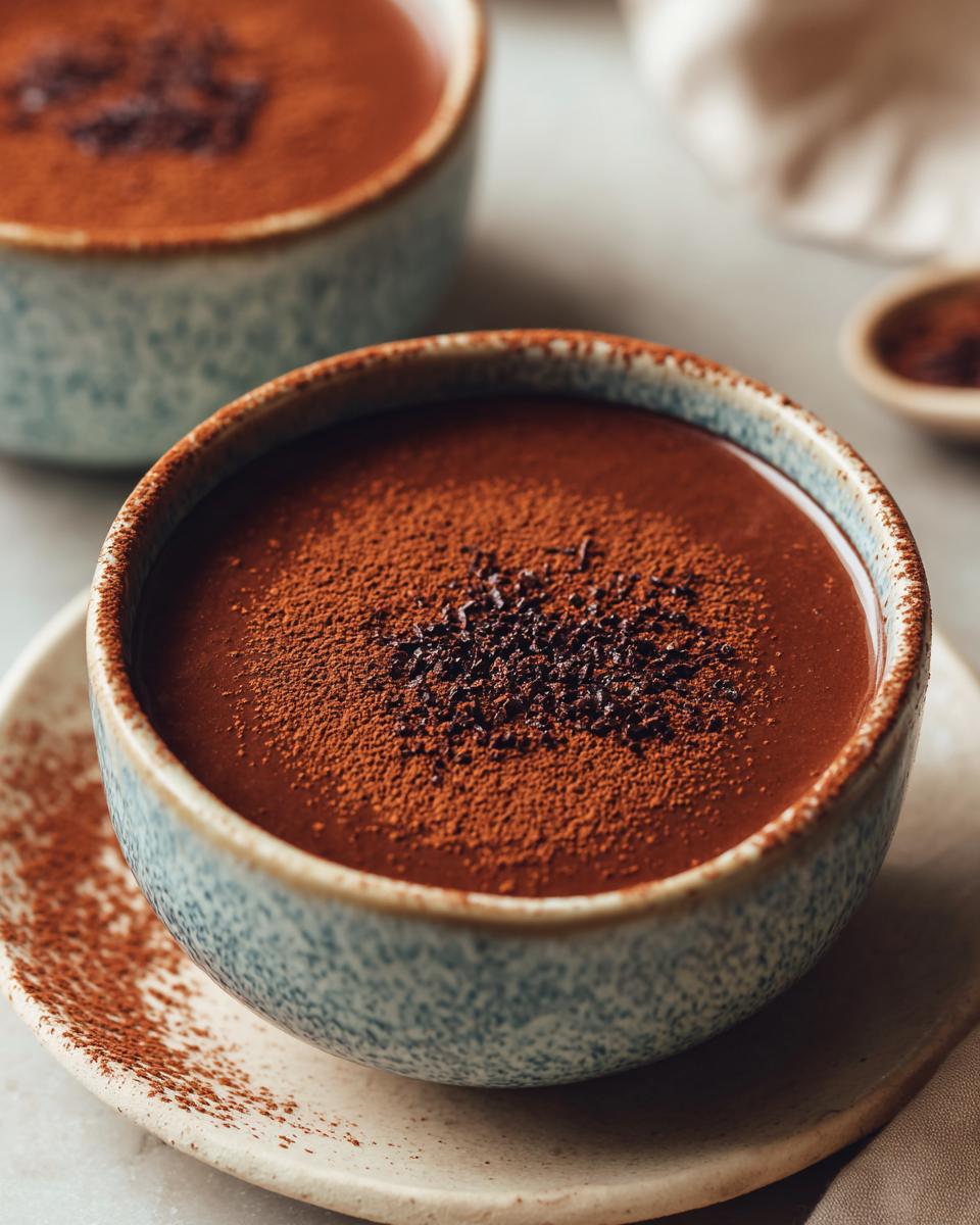 Taza azul con postre con chocolate rápidos espolvoreado con cacao en polvo