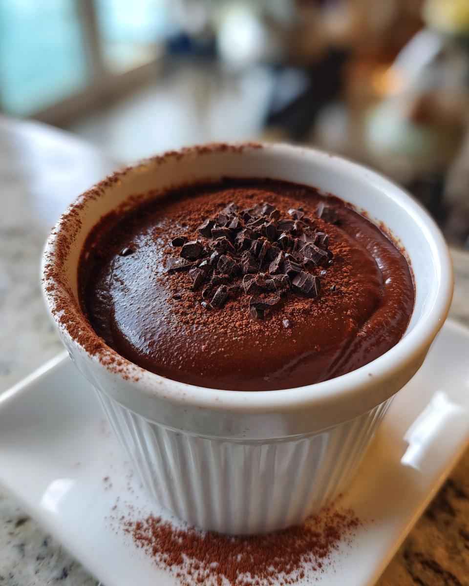 Postre con chocolate rápidos servido en taza blanca con cacao en polvo y trozos de chocolate