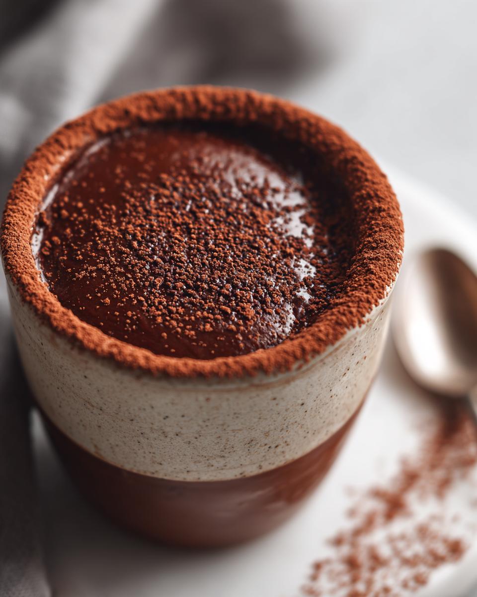 Vaso con postre con chocolate rápidos cubierto de cacao en polvo