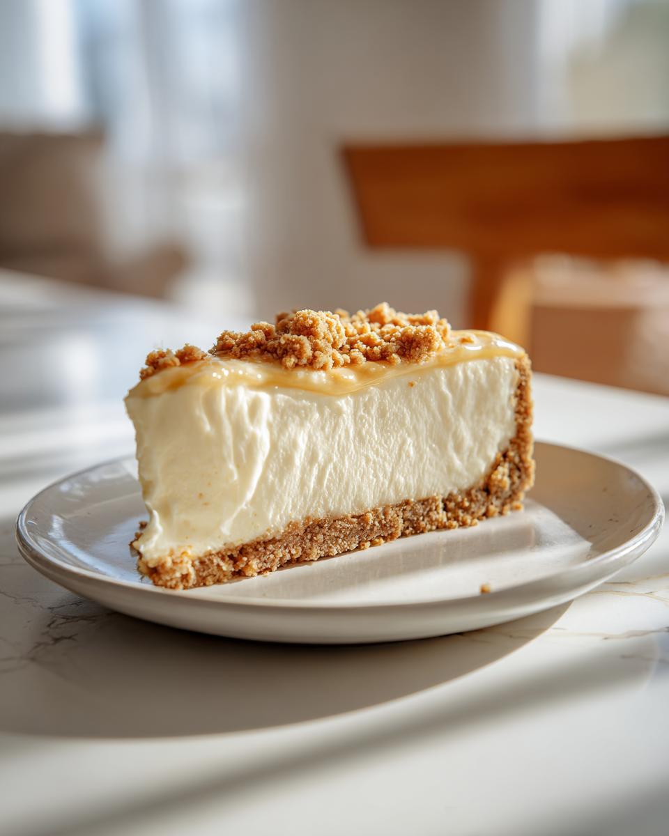 Rebanada de postres fáciles sin horno con base de galleta y crema suave en plato blanco