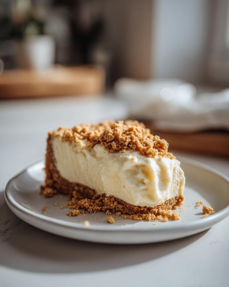 Porción de postre fácil sin horno con base y crumble dorado en plato blanco.