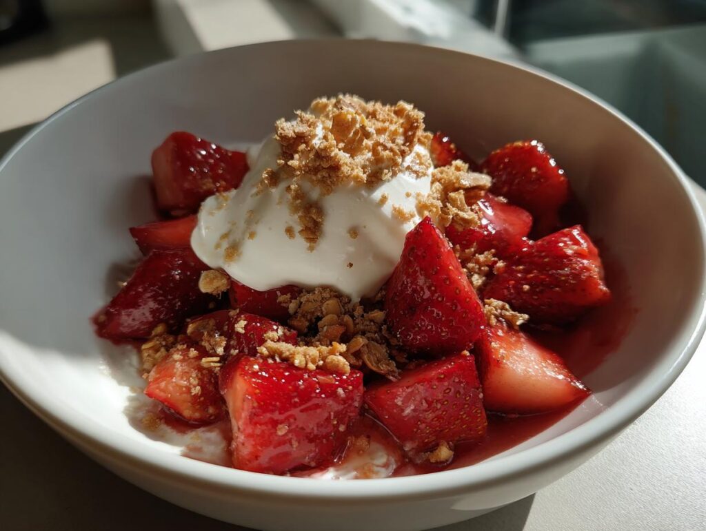 Bowl con fresas de temporada picadas, crema y granola encima