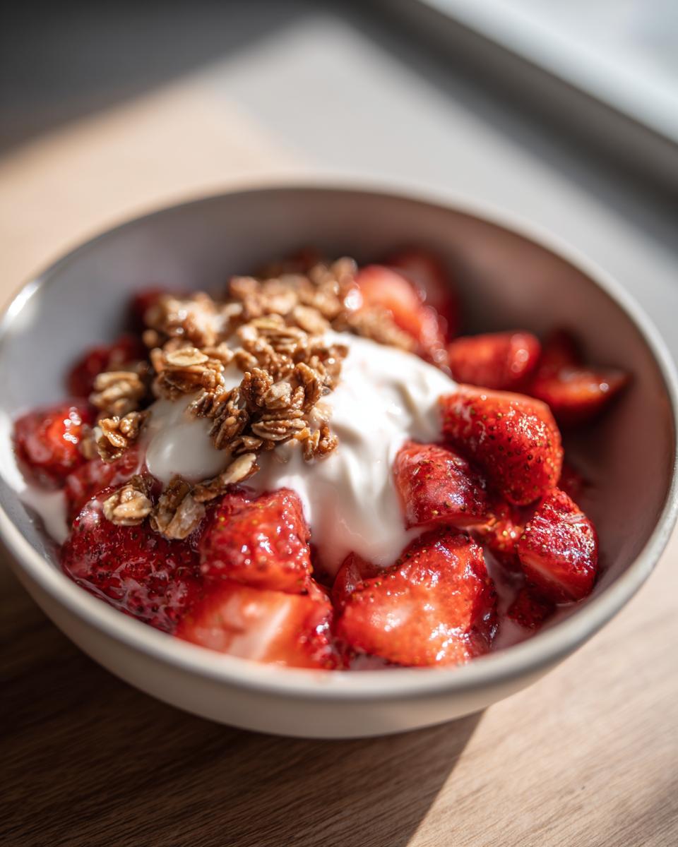 Tazón con fresas de temporada picadas, yogur cremoso y granola crujiente