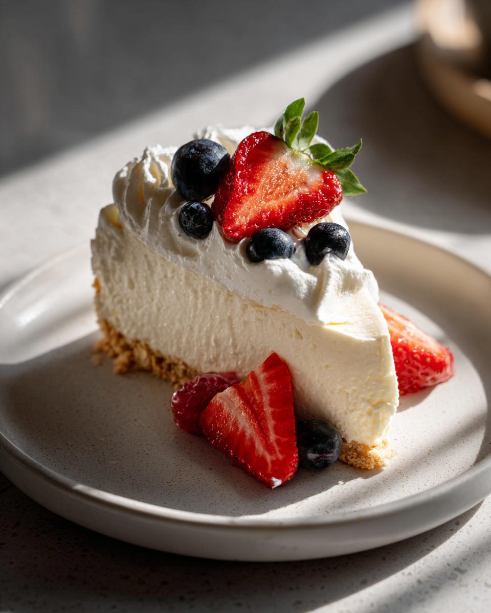 Porción de postre frío para Pascua 2025 con crema, fresas y arándanos en plato blanco.