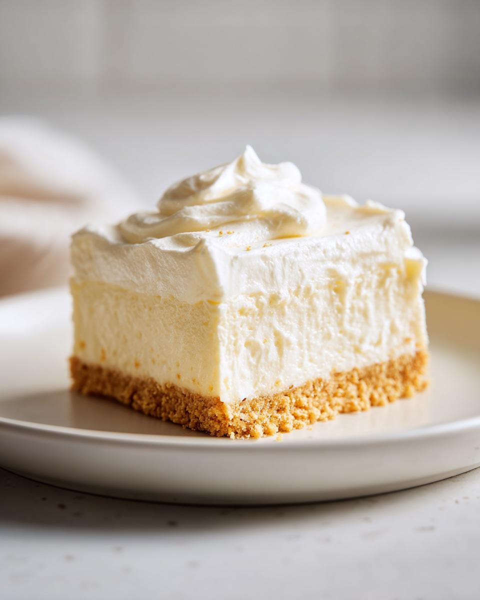 Porción de postre sin horno cremoso con base de galleta en plato blanco.