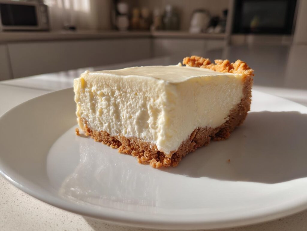 Rebanada cremosa de postre sin horno para días calurosos en un plato blanco