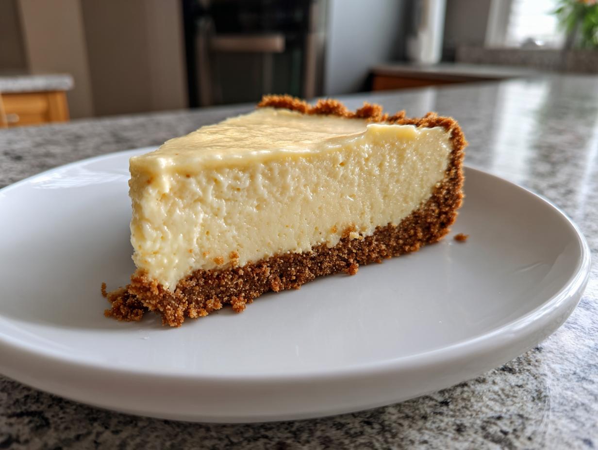 Rebanada cremosa de postres fáciles sin horno con base de galleta en plato blanco.
