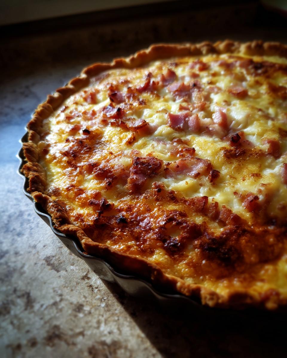 Quiche horneada con jamón y queso dorado en molde metálico