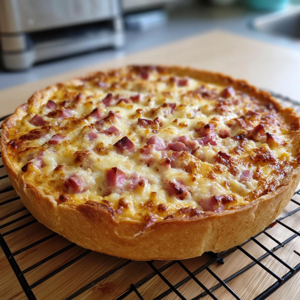 Quiche horneada con queso derretido y trozos de jamón sobre rejilla de enfriamiento.