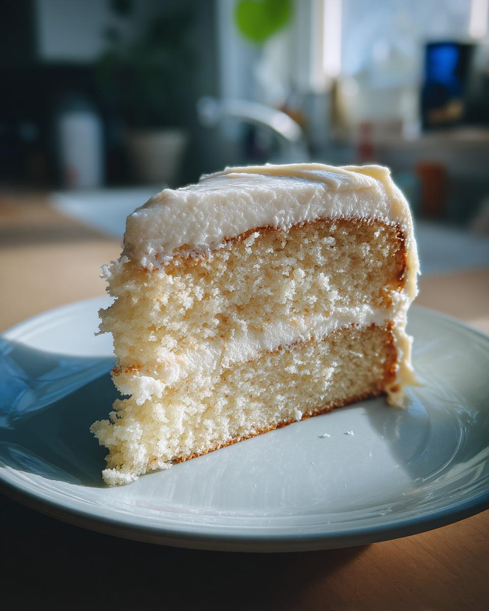 Rebanada de pastel blanco con glaseado cremoso en un plato blanco, ideal para recetas para fiestas y cumpleaños
