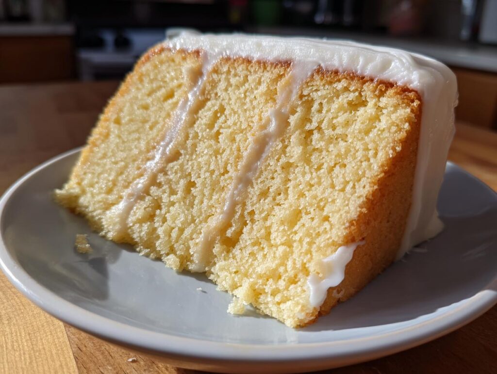 Rebanada de pastel esponjoso con glaseado blanco en un plato gris, ideal para recetas para fiestas y cumpleaños