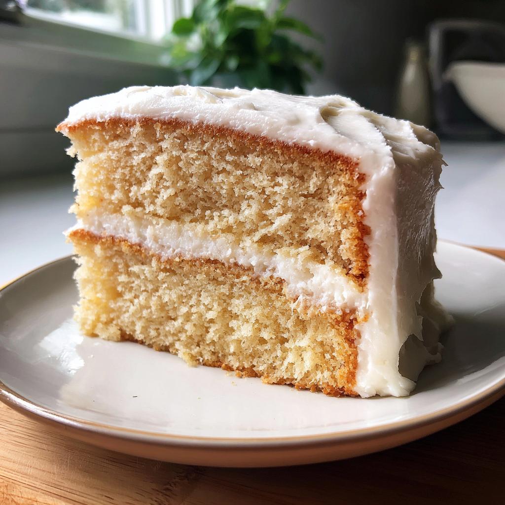 Rebanada de pastel esponjoso con glaseado blanco sobre plato, ideal para recetas para fiestas y cumpleaños
