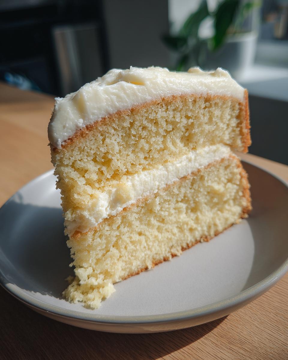 Rebanada de pastel de vainilla con crema blanca en un plato, ideal para recetas para fiestas y cumpleaños.
