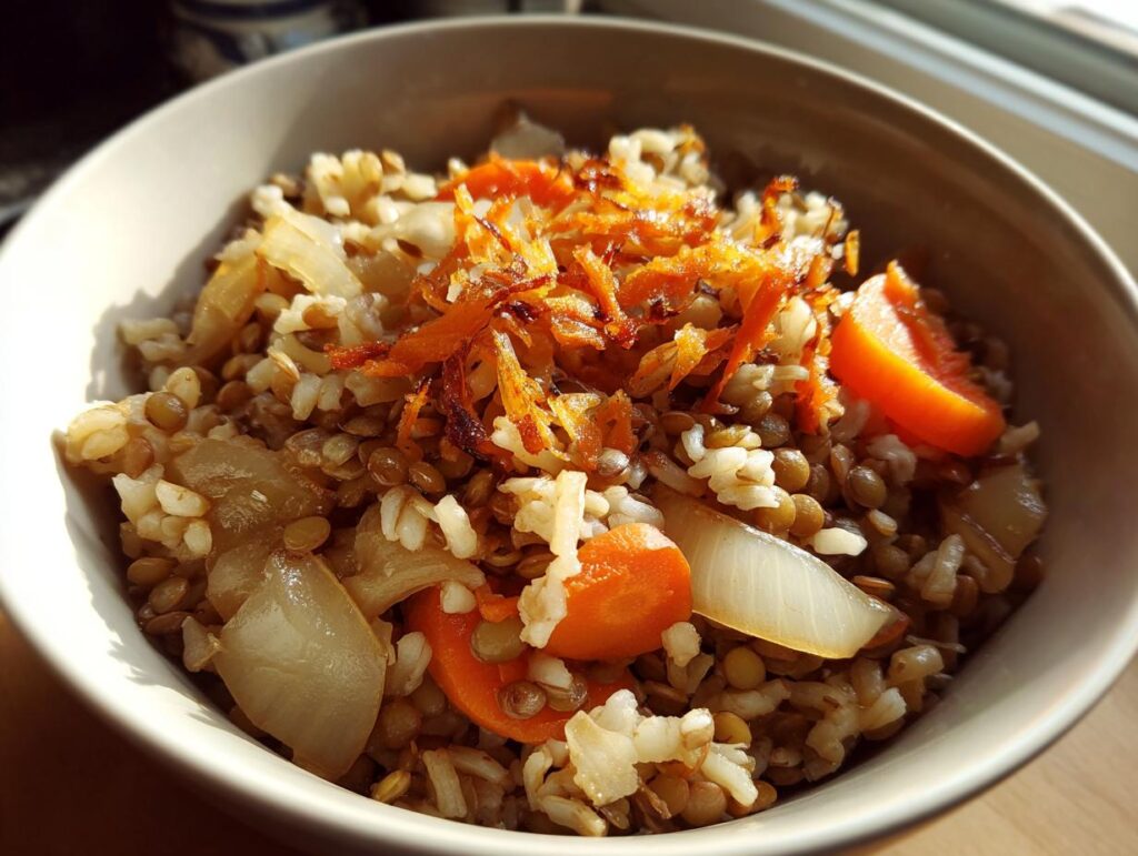 Plato de arroz con lentejas, zanahorias y cebolla, receta vegana para principiantes