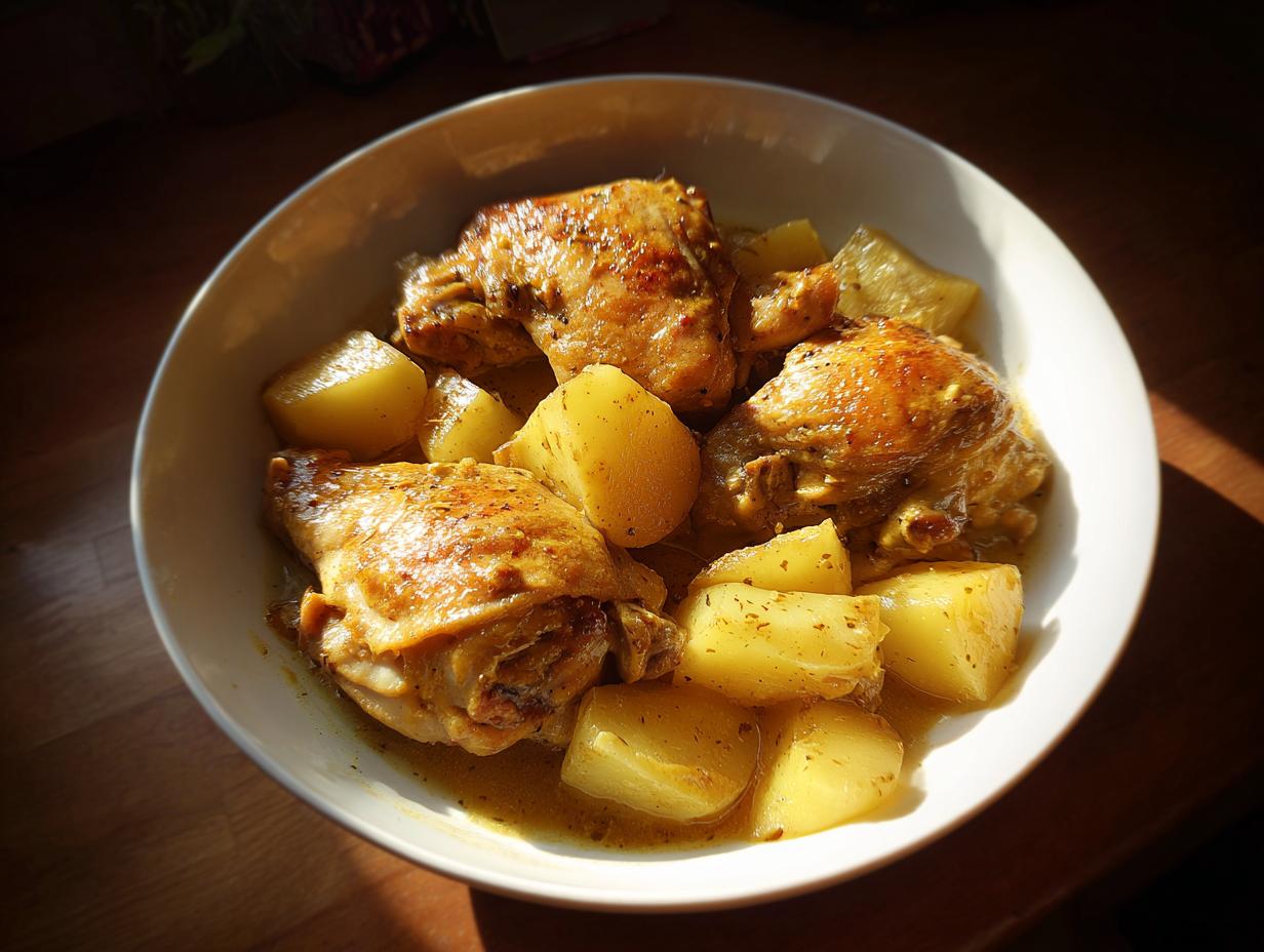 Plato con recetas de cenas en una sola olla de pollo dorado y papas cocidas