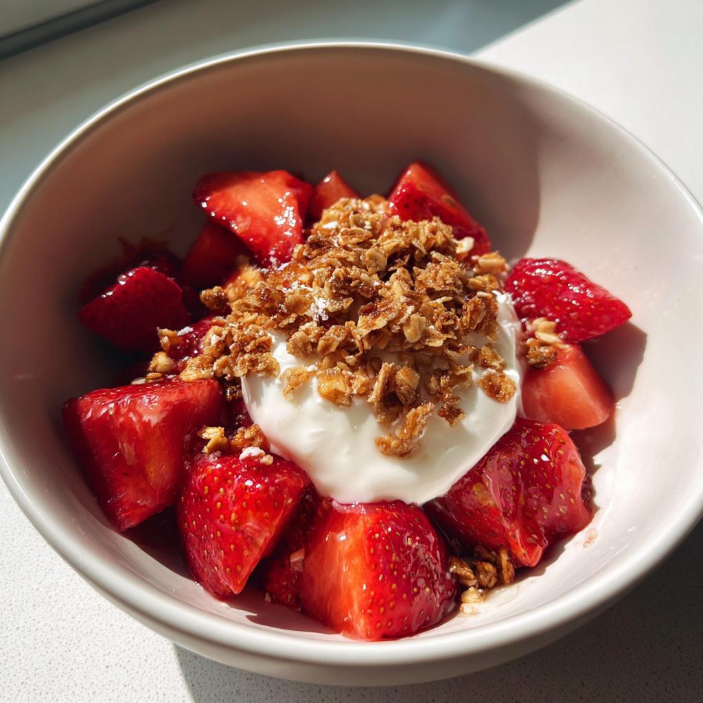 Tazón con fresas frescas, yogur cremoso y granola crujiente en un desayuno saludable
