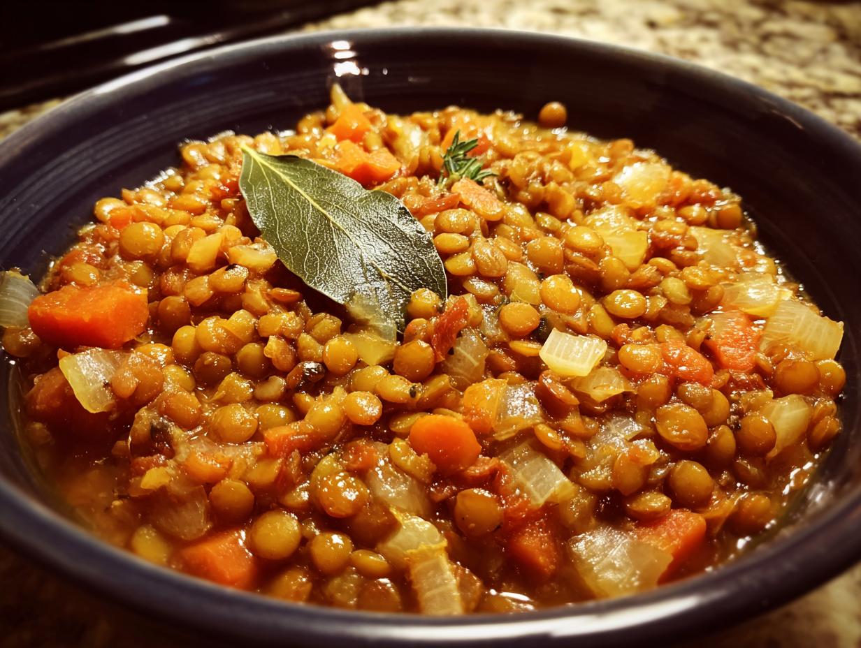 Plato con lentejas guisadas con zanahoria, cebolla y hoja de laurel, recetas de lentejas fáciles