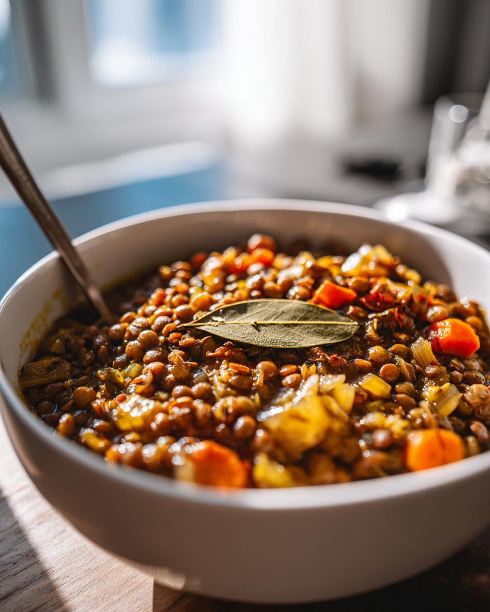 Tazón blanco con recetas de lentejas fáciles con verduras y hoja de laurel encima