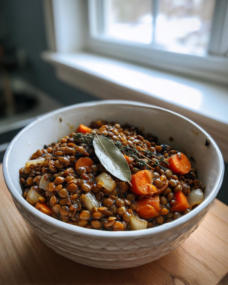 Tazón blanco con lentejas cocidas, zanahorias, cebolla y hierbas frescas