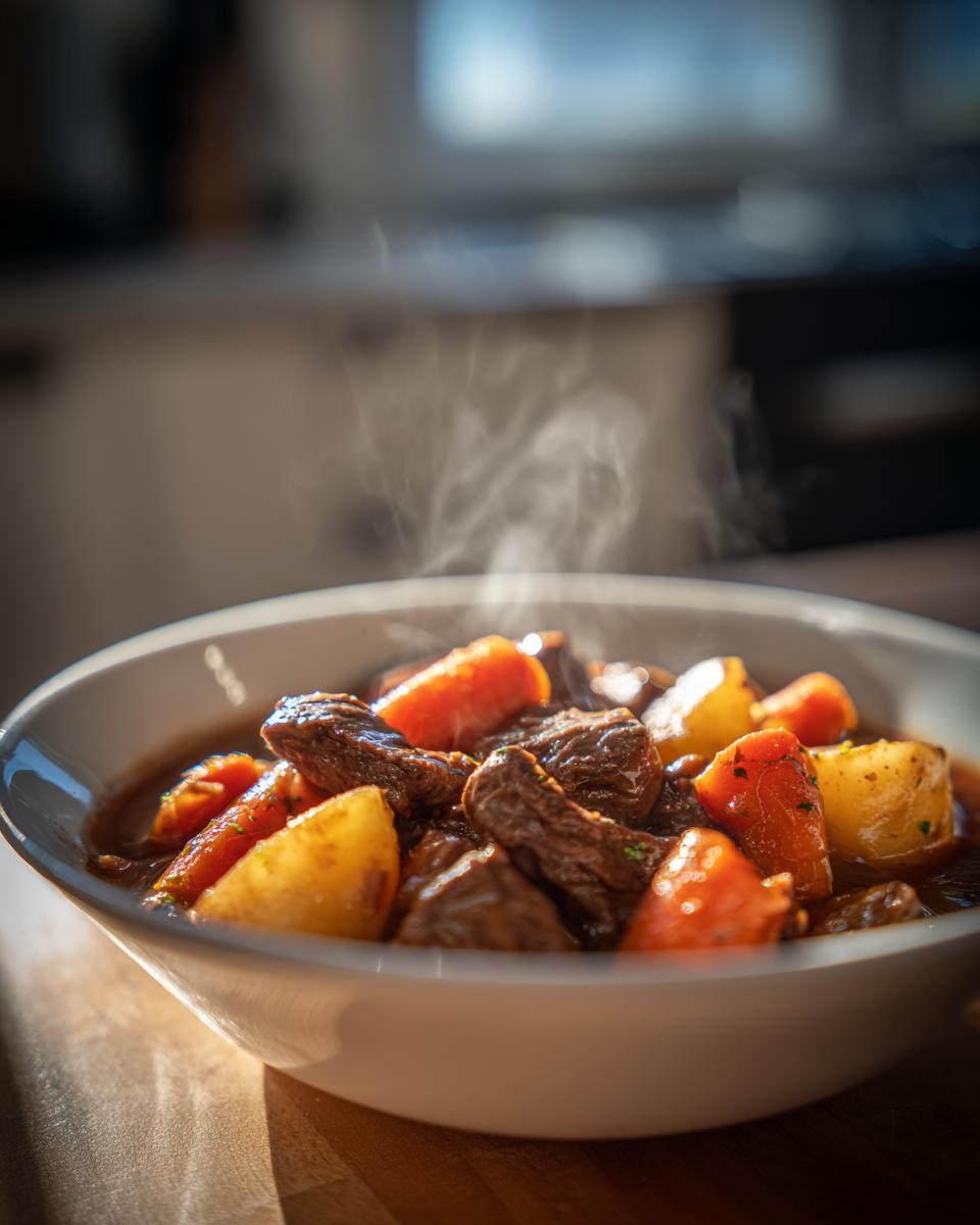 Plato hondo con guiso casero de carne, zanahorias y papas humeante