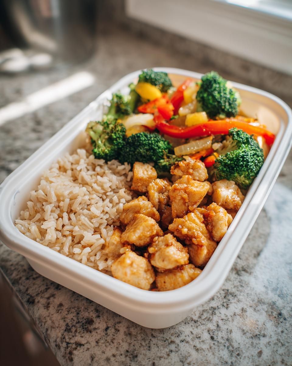 Contenedor con arroz integral, pollo salteado y verduras mixtas para recetas de meal prep para la semana