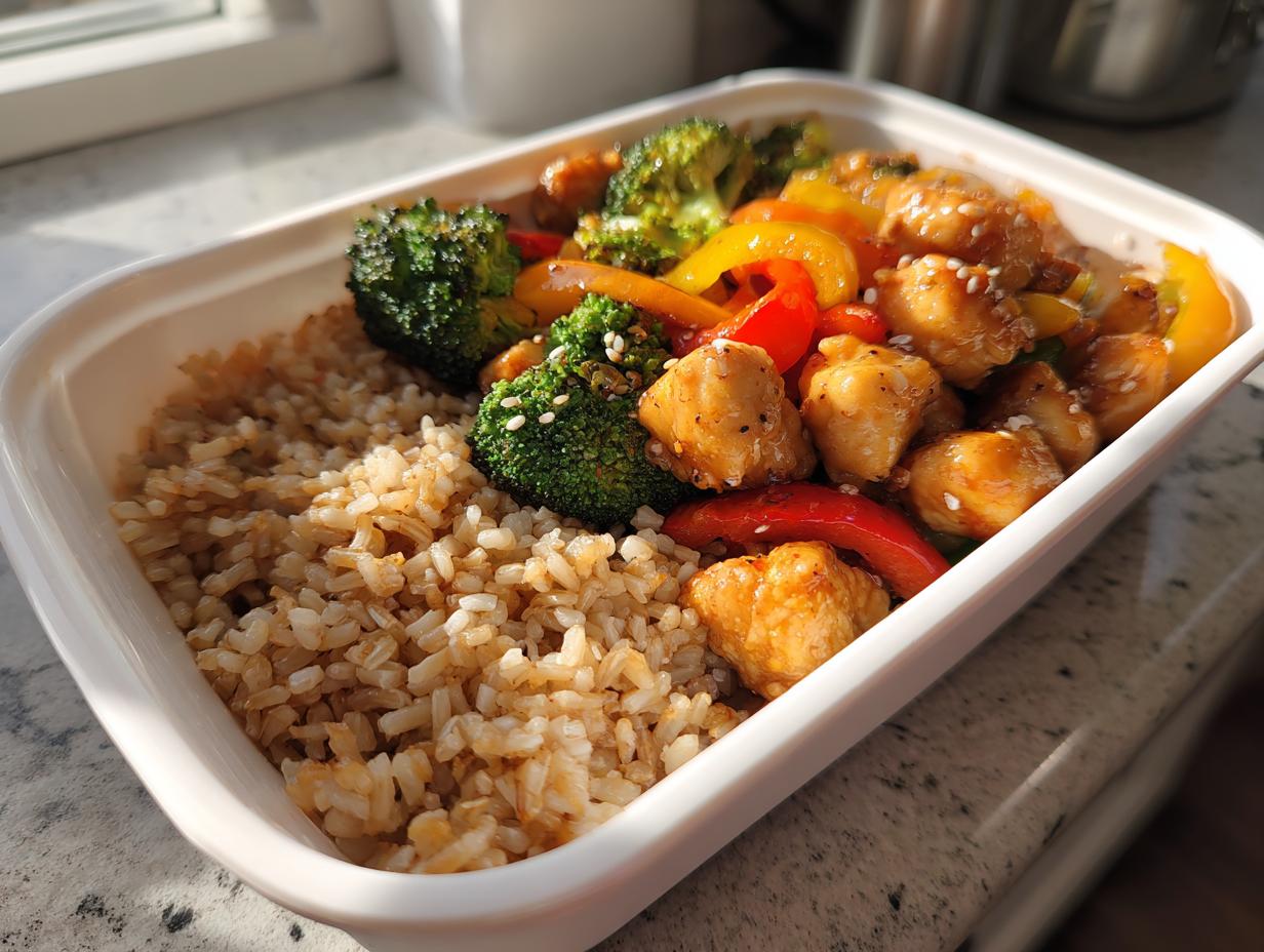 Contenedor con arroz integral, brócoli, pimientos y pollo en salsa para meal prep