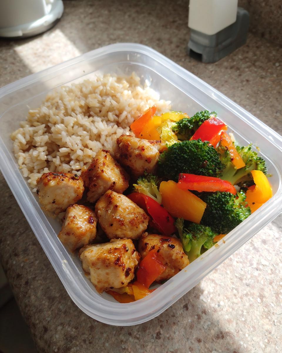 Contenedor con arroz integral, pollo a la plancha y verduras salteadas para meal prep