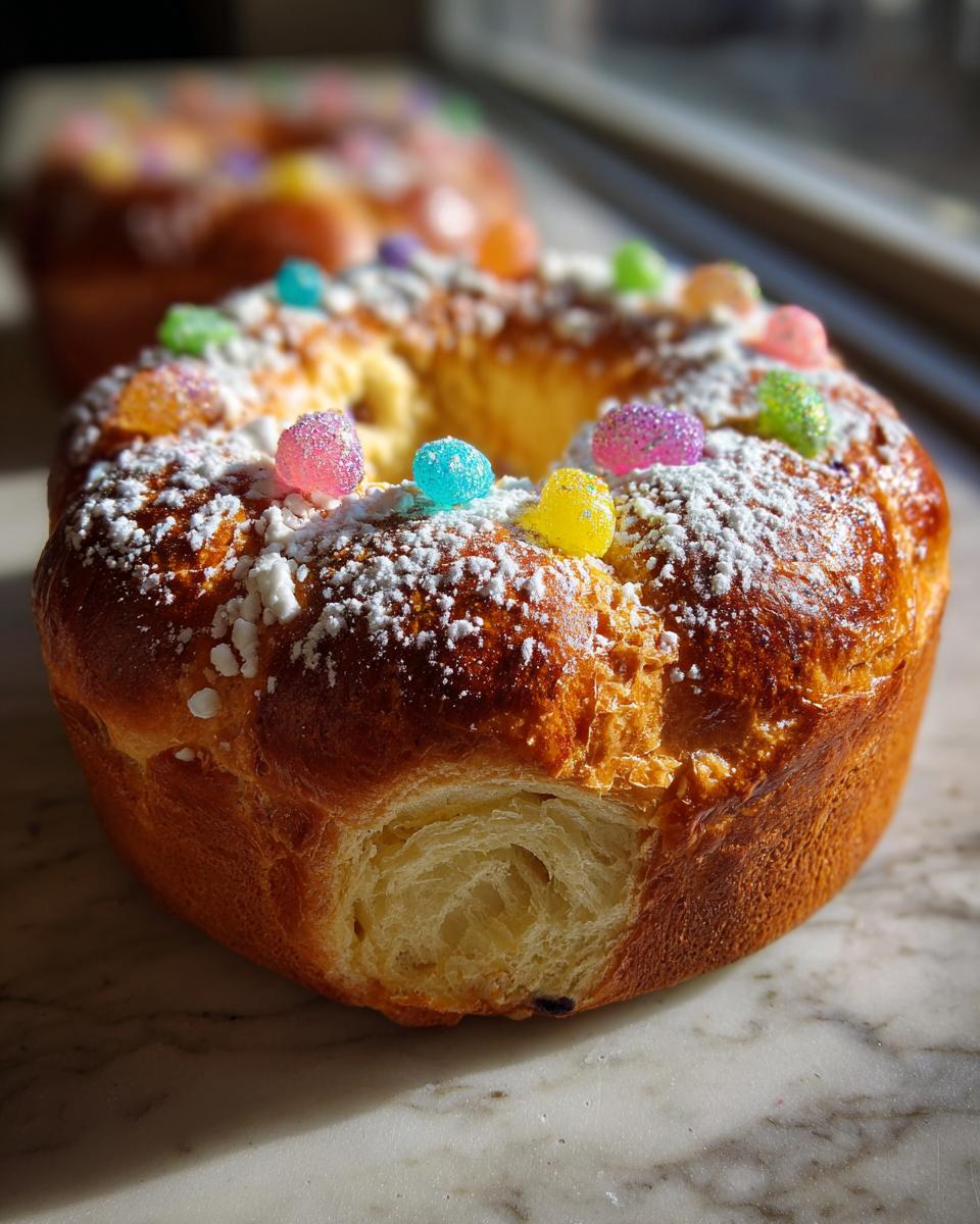 Roscón de reyes facil decorado con azúcar glas y frutas confitadas de colores