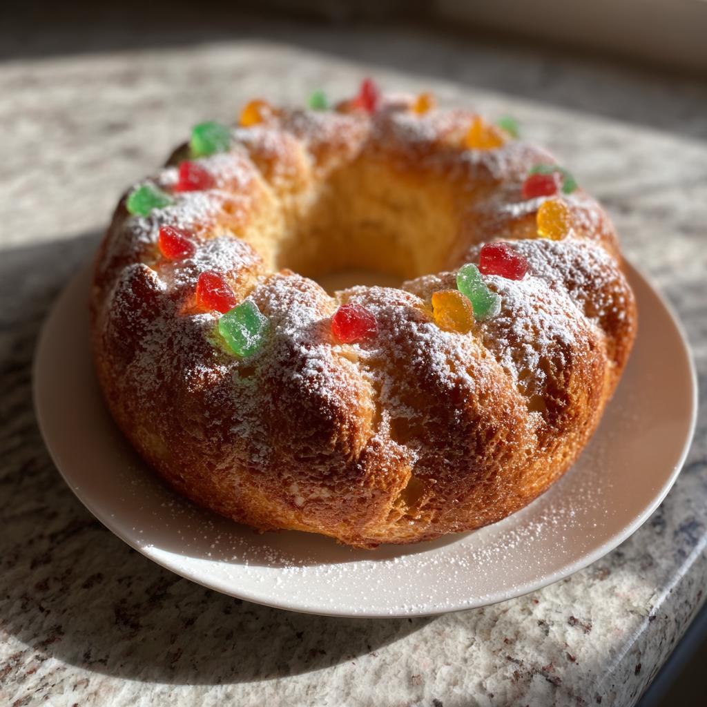 Roscón de Reyes fácil con azúcar glas y frutas confitadas en un plato blanco.