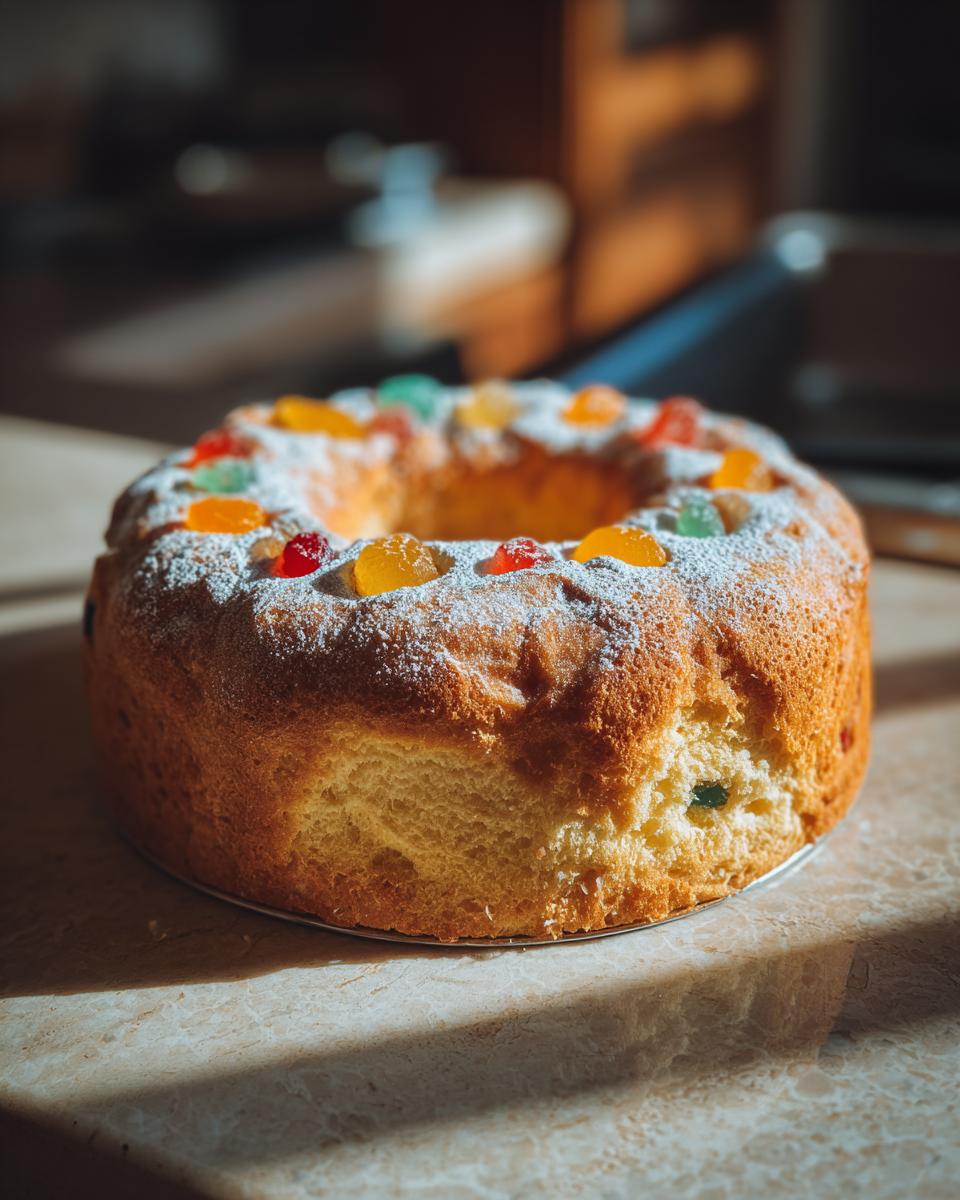 Roscón de reyes facil decorado con frutas confitadas y azúcar glas sobre mesa clara.