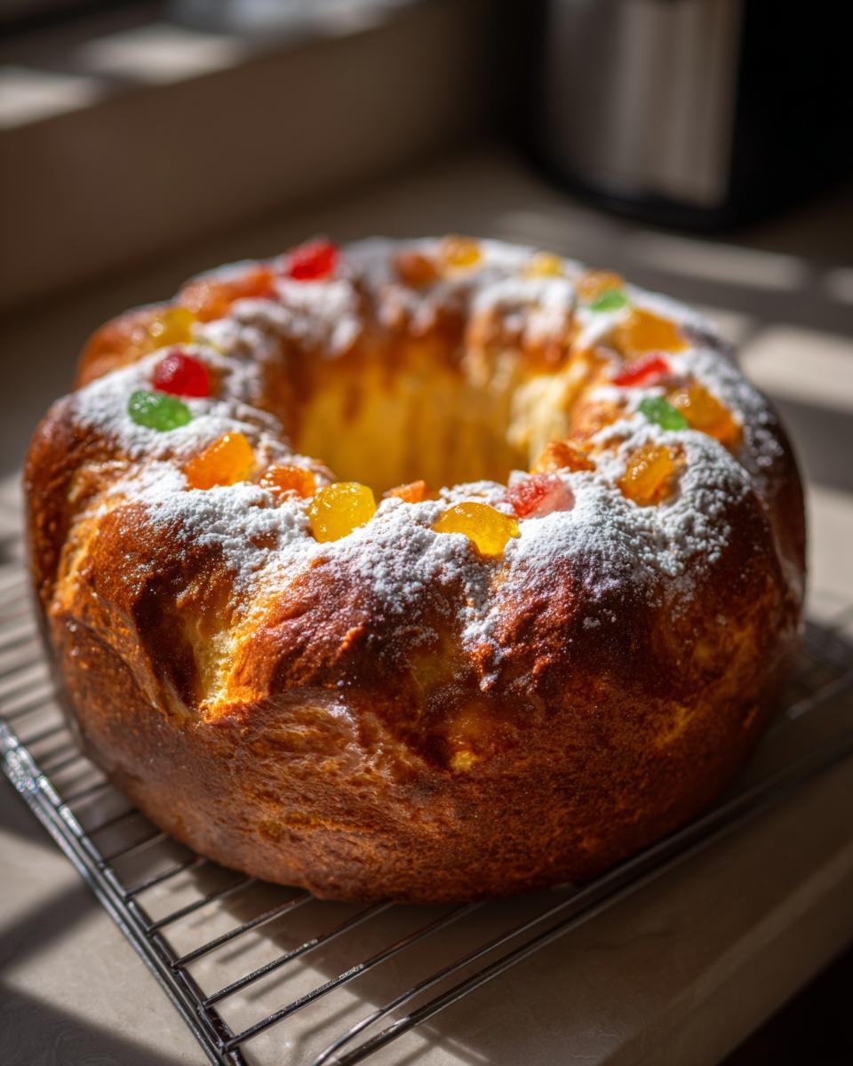 Roscón de reyes facil con frutas confitadas y azúcar glas sobre rejilla de enfriamiento