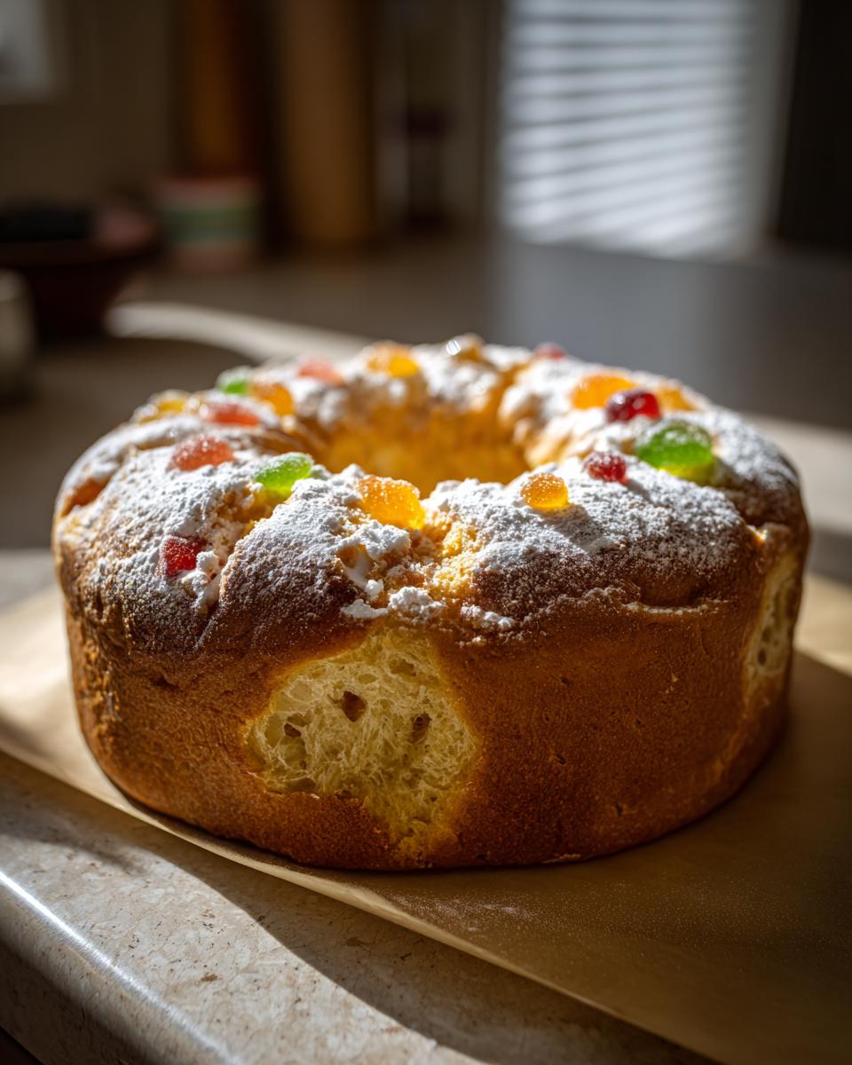 Roscón de reyes facil con frutas confitadas y azúcar glas sobre una mesa