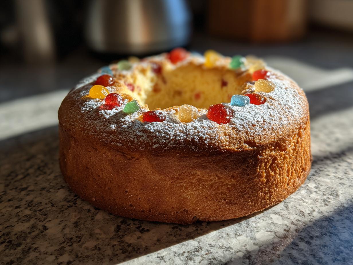 Roscón de reyes facil con azúcar glas y frutas confitadas sobre mesa de granito