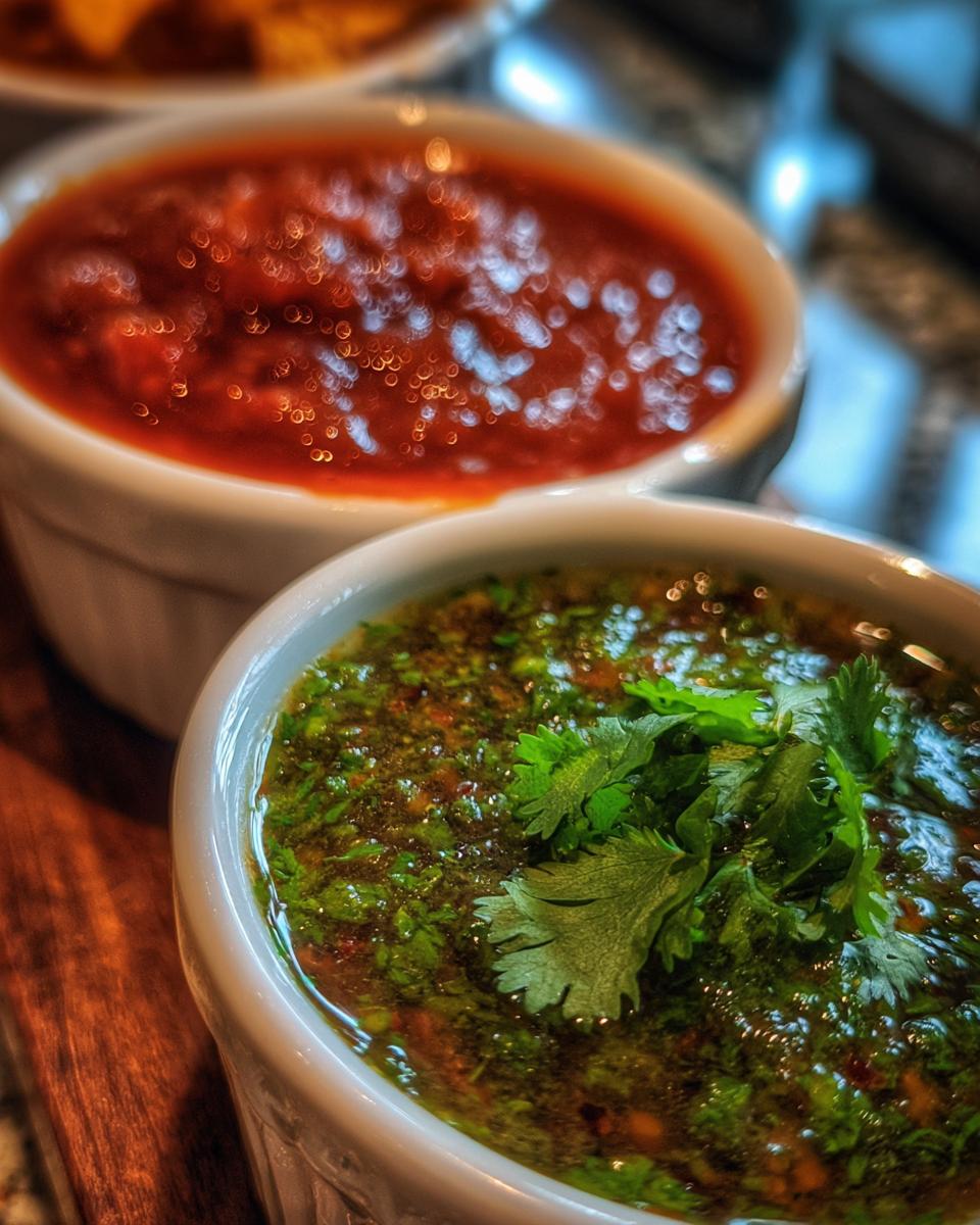 Dos salsas picantes caseras mexicanas, una roja y otra verde con cilantro, en recipientes blancos.