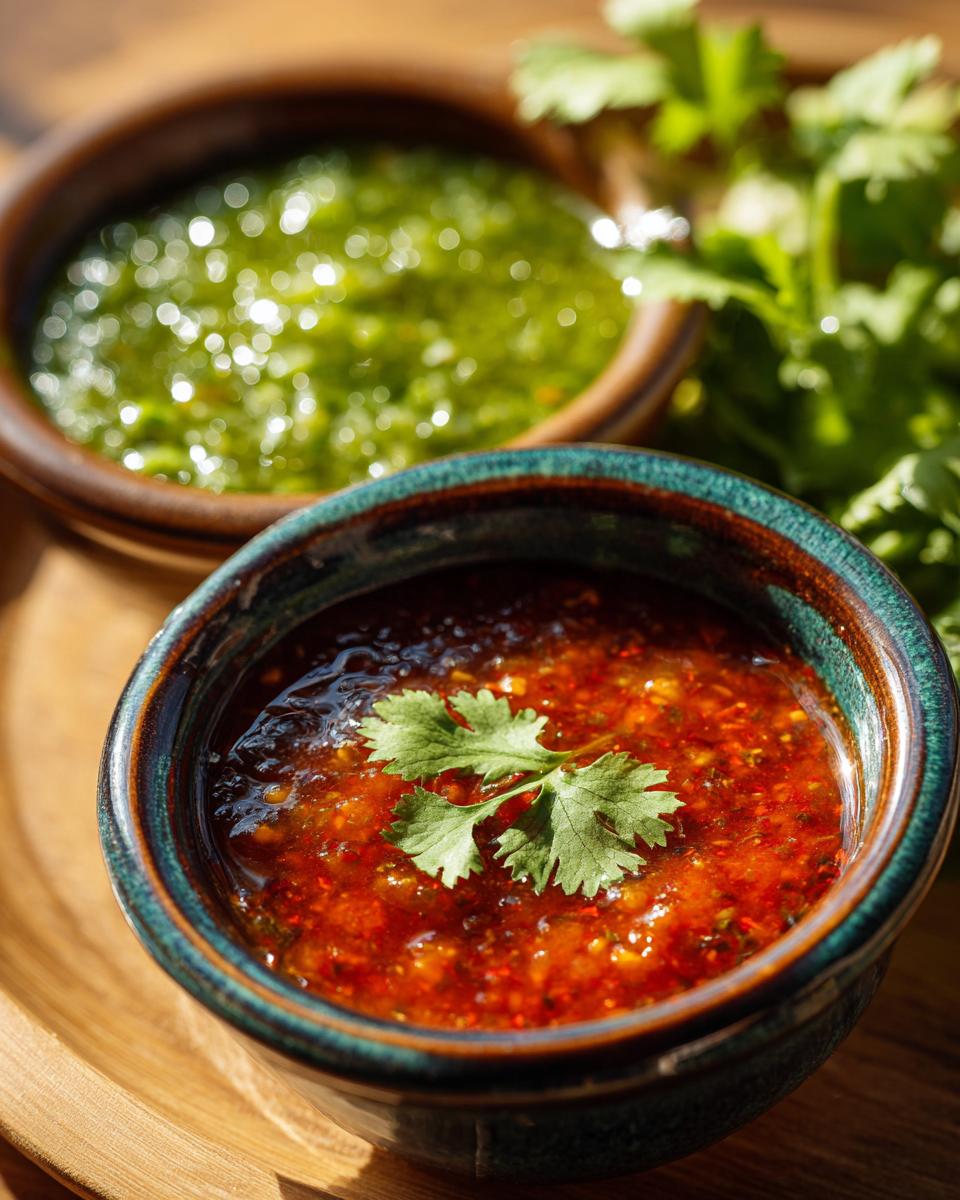 Cuencos con salsas picantes caseras mexicanas roja y verde decoradas con cilantro