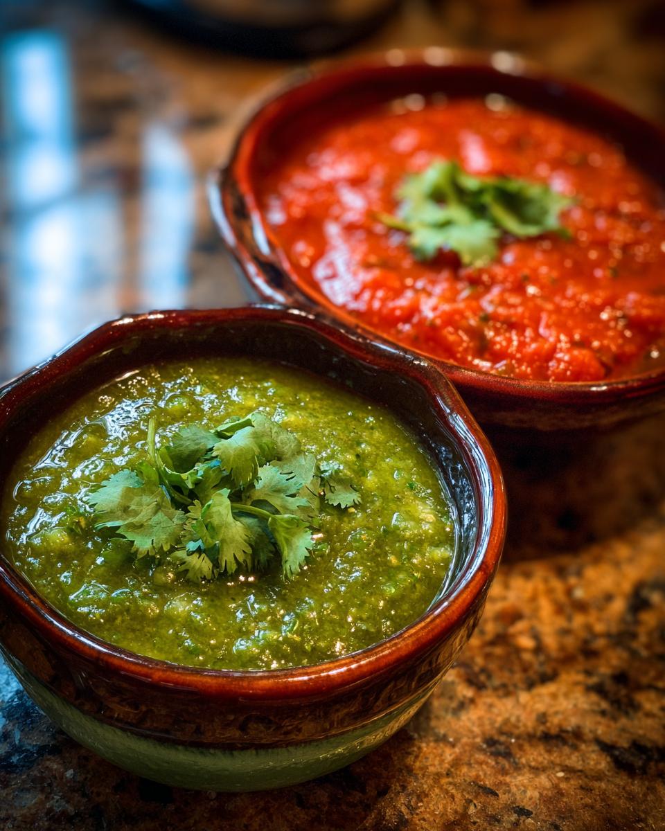 Dos salsas picantes caseras mexicanas, una verde y otra roja, en molcajetes con cilantro