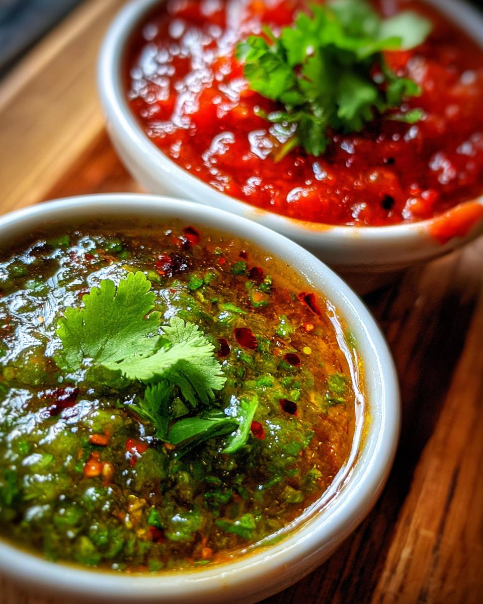 Dos salsas picantes caseras mexicanas, una roja y otra verde con cilantro encima.