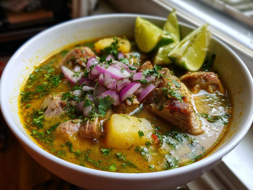 Tazón de sancocho ecuatoriano con carne, papas, cebolla y limón, una de las recetas ecuatorianas fáciles