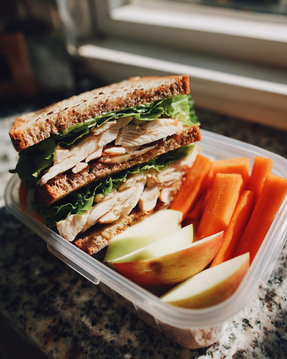 Sándwich integral con pollo y lechuga acompañado de zanahorias y manzana en fiambrera