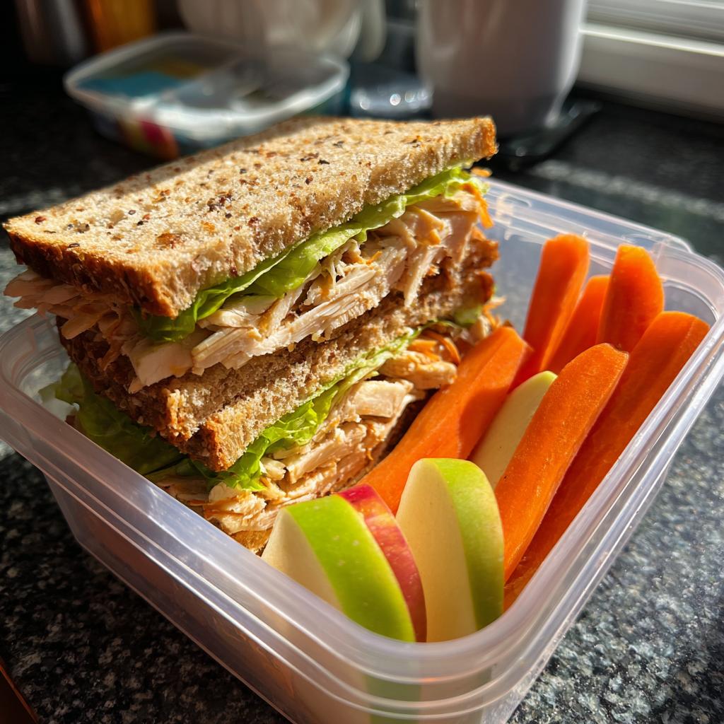 Sándwich de pollo con lechuga en pan integral acompañado de zanahorias y rodajas de manzana en fiambrera.