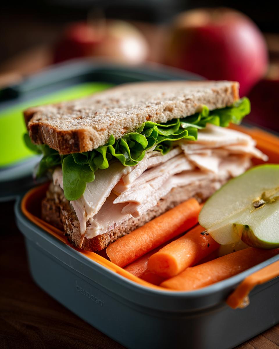 Sándwich con lechuga y pavo en fiambrera con zanahorias y manzana, ideal para recetas para fiambrera del colegio