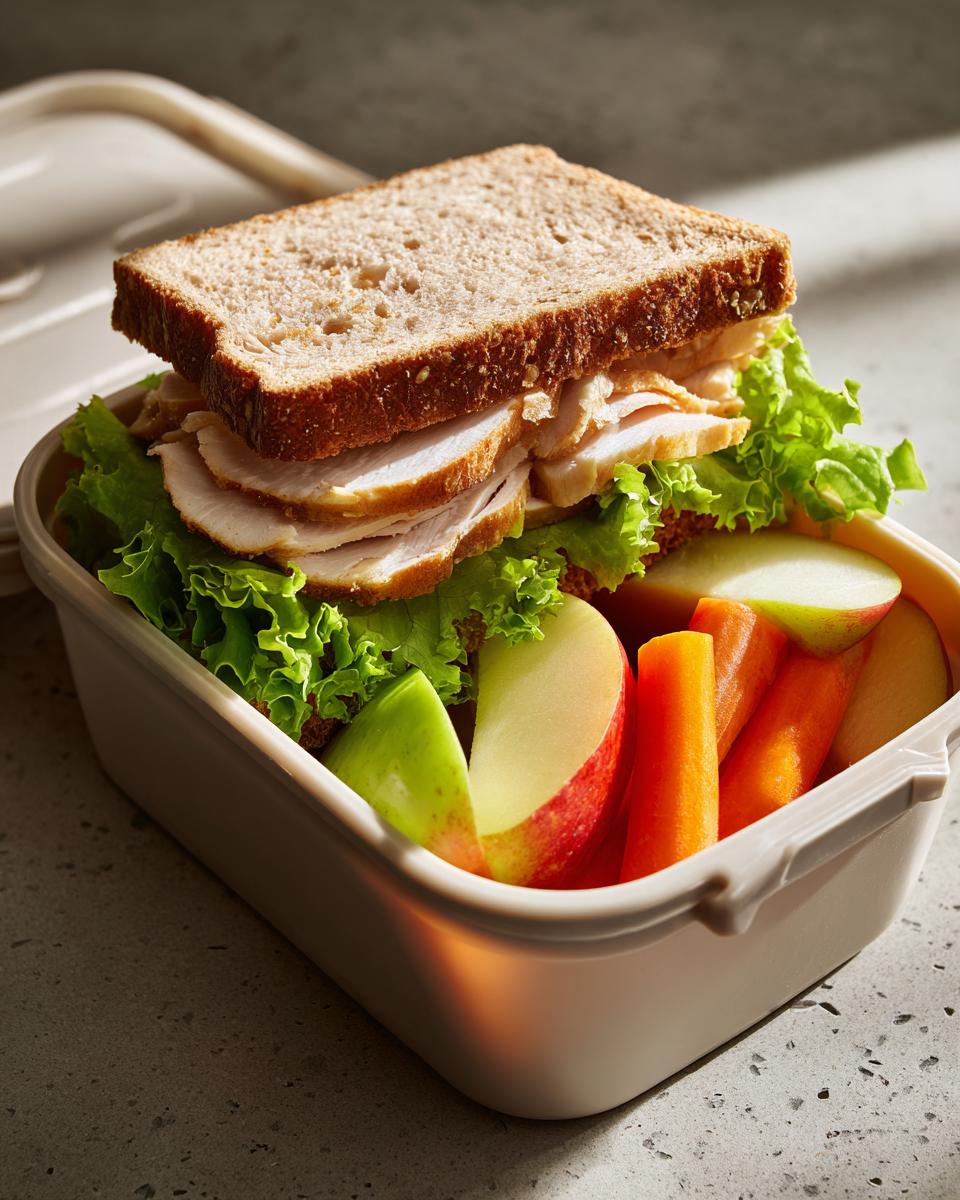 Sándwich con pavo, lechuga, manzana y zanahorias en fiambrera para recetas para fiambrera del colegio